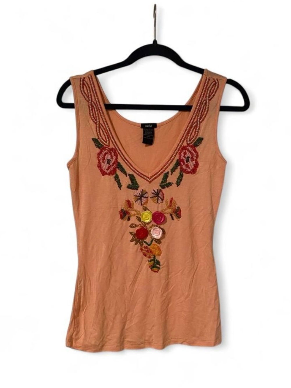 Embroidered Peach Floral V-Neck Tank Top